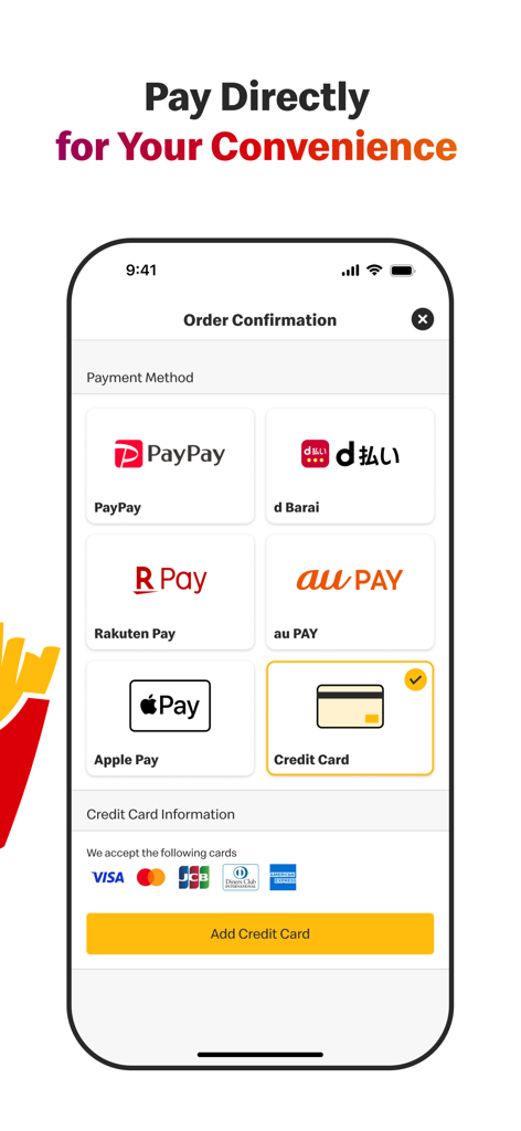 McDonald's Japan - Una captura de pantalla de la aplicación McDonald's Japón que muestra varias opciones de pago móvil, incluidas Apple Pay, PayPay y tarjetas de crédito.