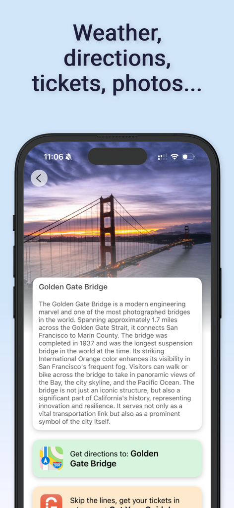 Make My Day: AI Trip Planner - Make My Day travel app displaying details and directions for the Golden Gate Bridge