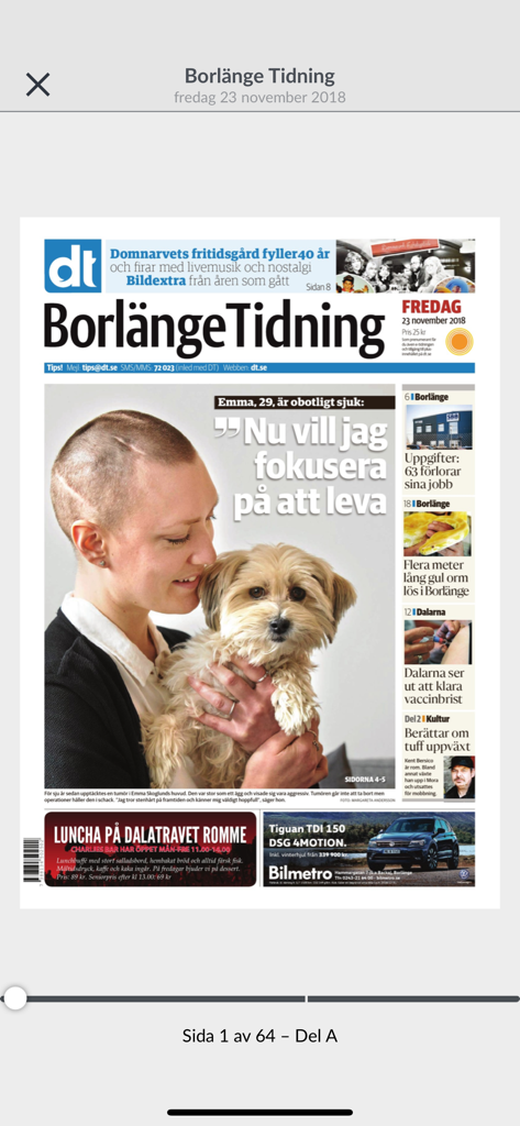 Borlänge Tidning e-tidning - Digital front page of the Borlänge Tidning newspaper app