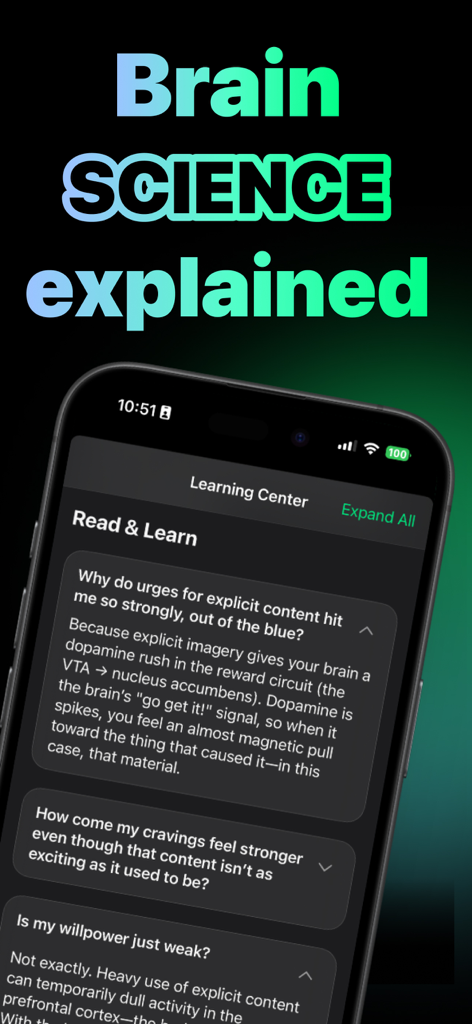 Screenshot of the Learning Center in the Quit Corn app explaining the neuroscience and brain science behind addiction and urges