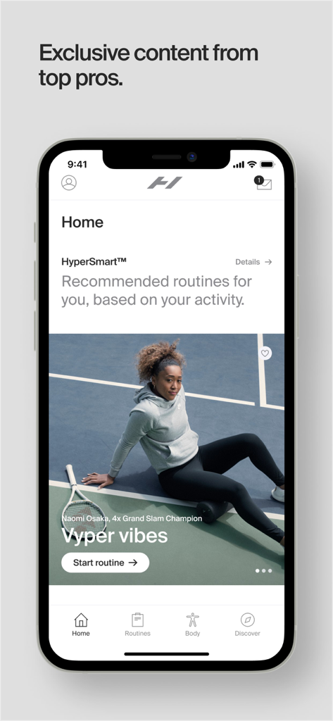 Hyperice - Hyperice app home screen showing a recovery routine with tennis pro Naomi Osaka