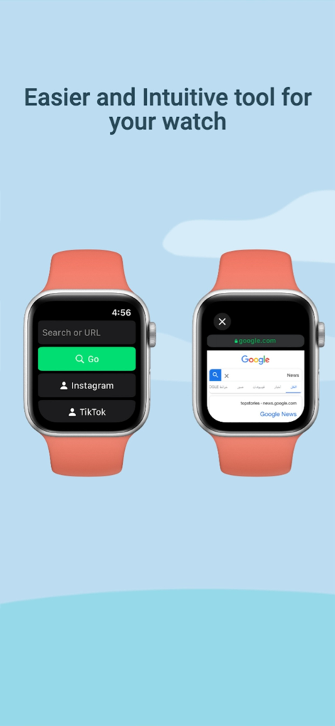 Screenshot dell'app Watch Web Browser su Apple Watch che mostra la schermata di ricerca e una pagina di risultati di ricerca di Google