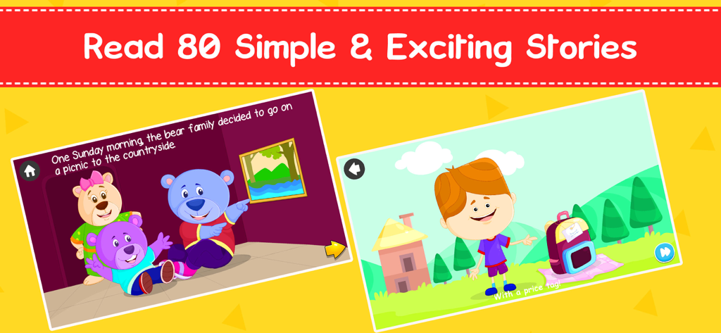 Learn ABC Songs & Kids Phonics - Educational app interface showing simple and exciting stories for kids learning to read