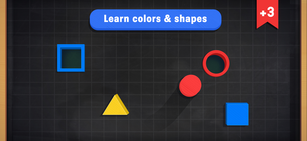 Busy Shapes & Colors - Educational matching game interface for toddlers featuring a blue square yellow triangle and red circle on a dark grid background