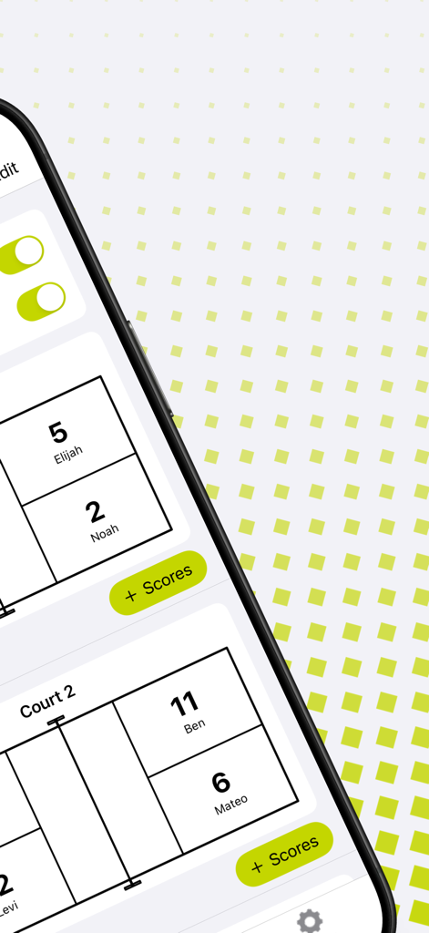 Pickleball Pro - Screenshot of the Pickleball Pro app interface showing player court assignments and scoring buttons for a round robin match