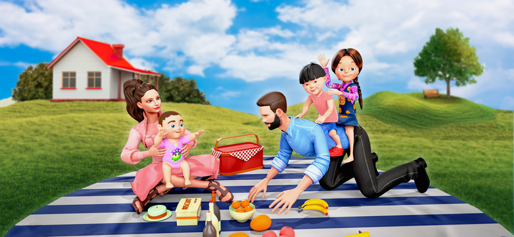 Uma família animada em 3D, incluindo mãe, pai e filhos, fazendo um piquenique em Mother Simulator Mom Game