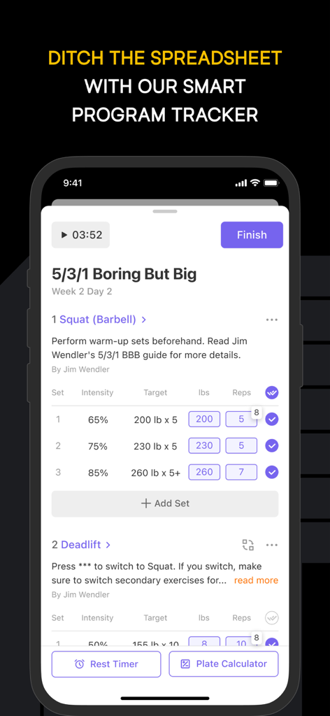 Boostcamp: Gym Workout Fitness - Interfaz de seguimiento de entrenamiento para el programa 5-3-1 Boring But Big en la aplicación Boostcamp.