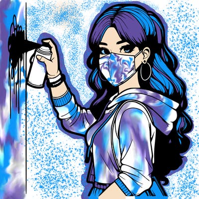 realistic girl with mask spray painting a wall