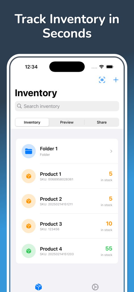 Inventory: Product Tracker App - Dashboard of the Inventory Product Tracker app displaying a list of tracked items with stock quantities and SKU details.