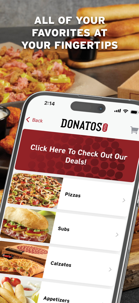 Donatos Pizza mobile app home screen with food categories and deals banner