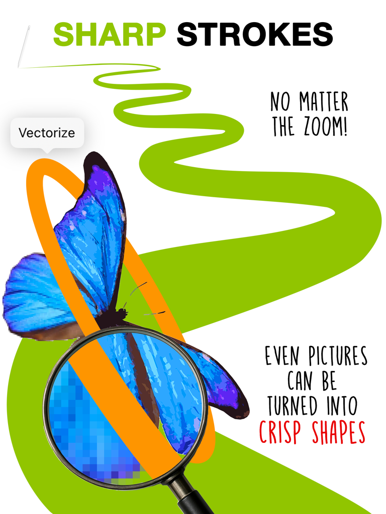 Endless Paper - A magnifying glass showing the vectorization of a pixelated butterfly into sharp crisp shapes.