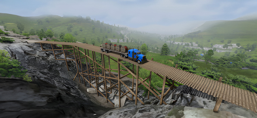 Un camión azul transportando carga pesada a través de un estrecho puente de madera en una cordillera