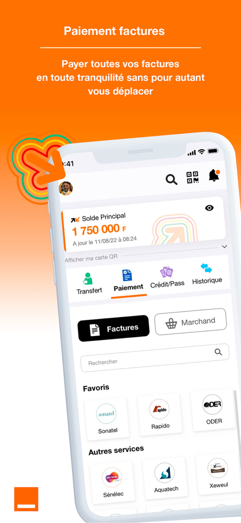 Orange Money Senegal app screen showing bill payment options for utilities and services