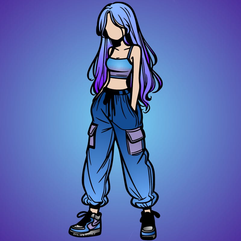 girl in baggy pants crop top and long hair