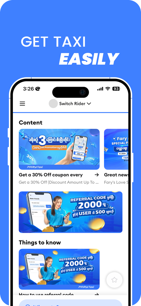 Fary - Ready to deliver - Fary ride-sharing app dashboard displaying taxi booking discounts and referral program rewards