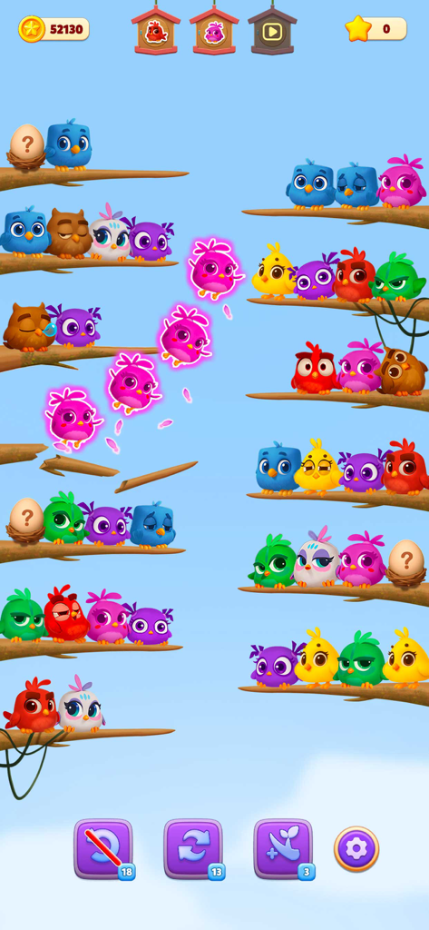 Chirpy Sort: Bird Color Puzzle - Cute colorful birds being sorted on tree branches in Chirpy Sort puzzle game