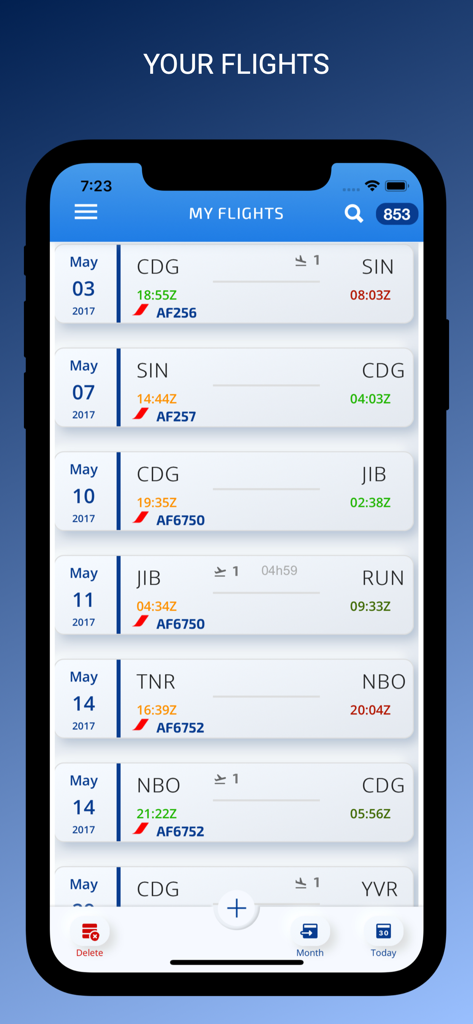 FlightLog App - Digital pilot logbook screen displaying a list of recorded flight logs with routes and times