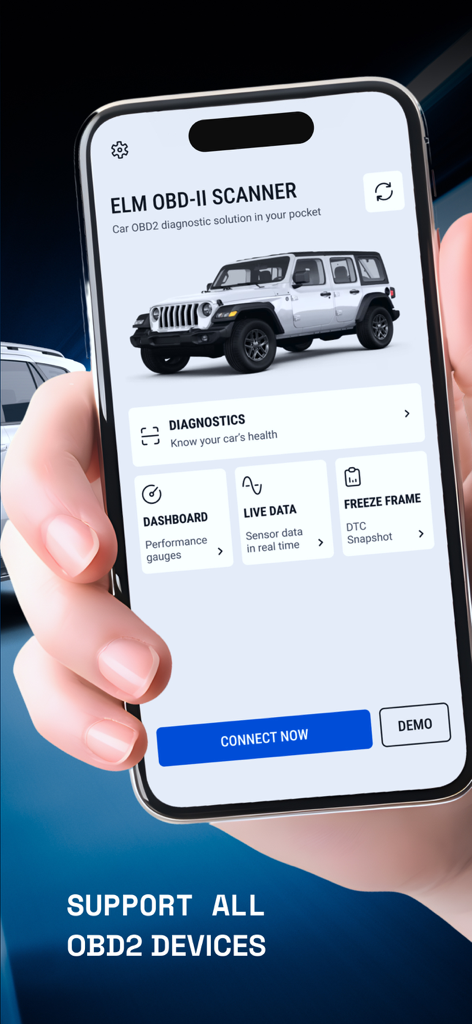 OBD2 Scanner: Torque ELM 327 - A hand holding an iPhone showing the main dashboard of the Torque ELM 327 car diagnostic app with options for diagnostics and live data.