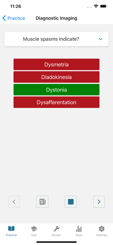 Chiropractic Boards 3 - Uma tela de exame prático no aplicativo Chiropractic Boards 3 mostrando um quiz de Imagem Diagnóstica com respostas de múltipla escolha.