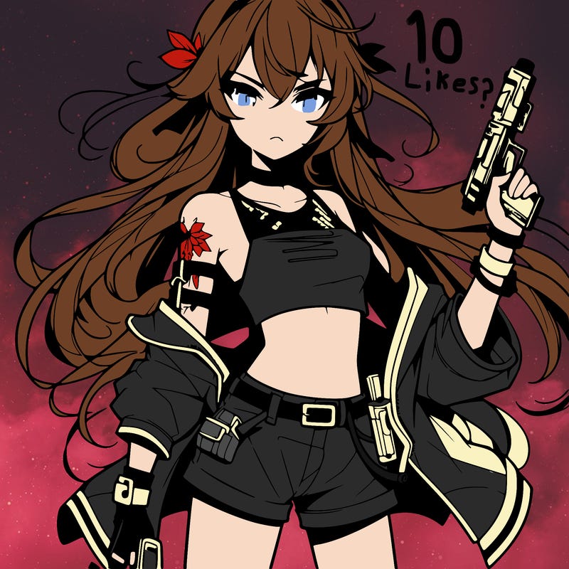 bad girl wearing crop top holding a gun long hair anime