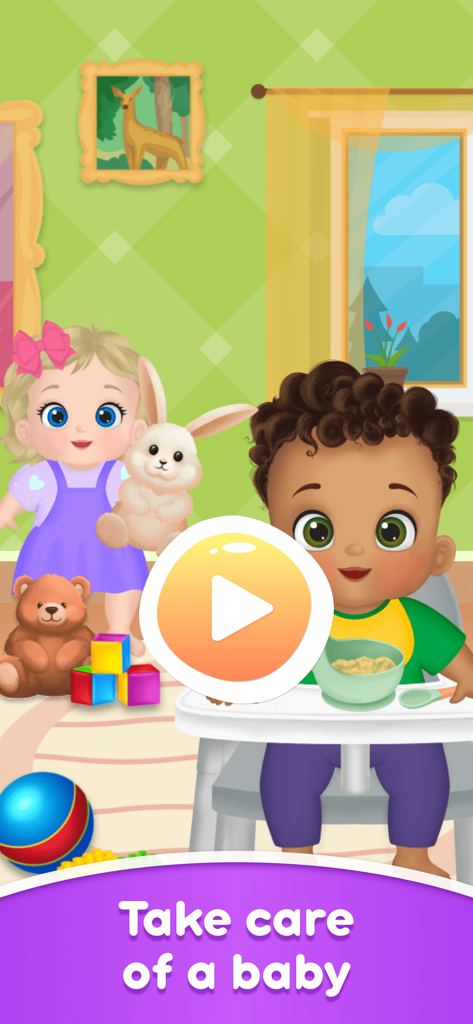 Pantalla de inicio del juego Cuida a un Bebé para Niñas con dos adorables bebés de dibujos animados en una sala de juegos colorida con un botón de reproducción