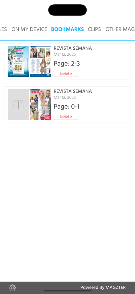 La section des signets de l'application Revista Semana affiche les pages enregistrées et les dates de publication.