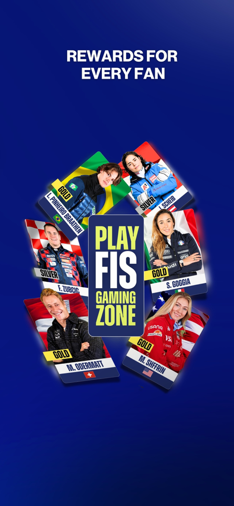 FIS Official: Ski & Snowboard - Schermata Gaming Zone dell'app FIS Official che mostra carte collezionabili degli atleti e premi per i fan