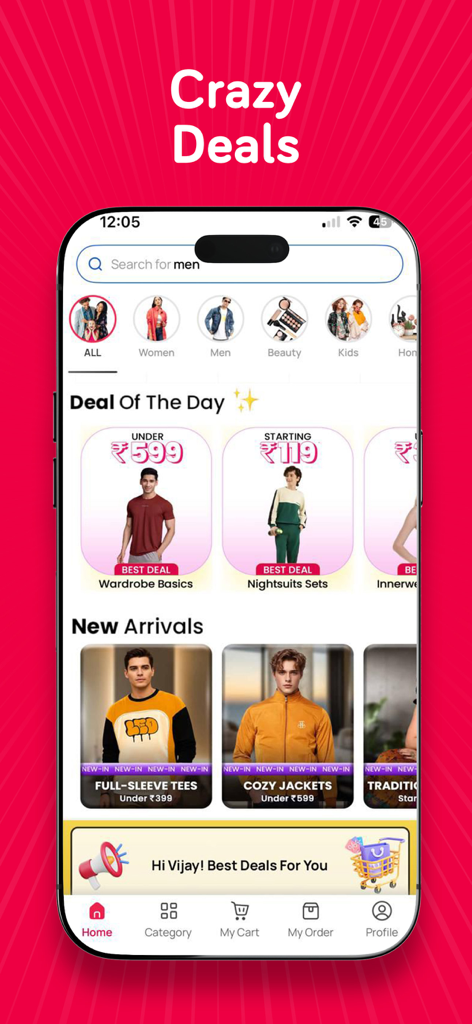 Pantalla de inicio de la aplicación móvil Snapdeal que muestra ofertas diarias de moda y ropa
