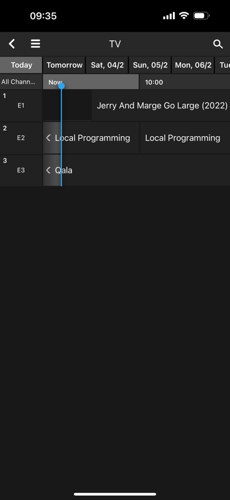 ENet TV - ENet TV mobile app interface displaying a digital program guide with daily schedules and channel listings