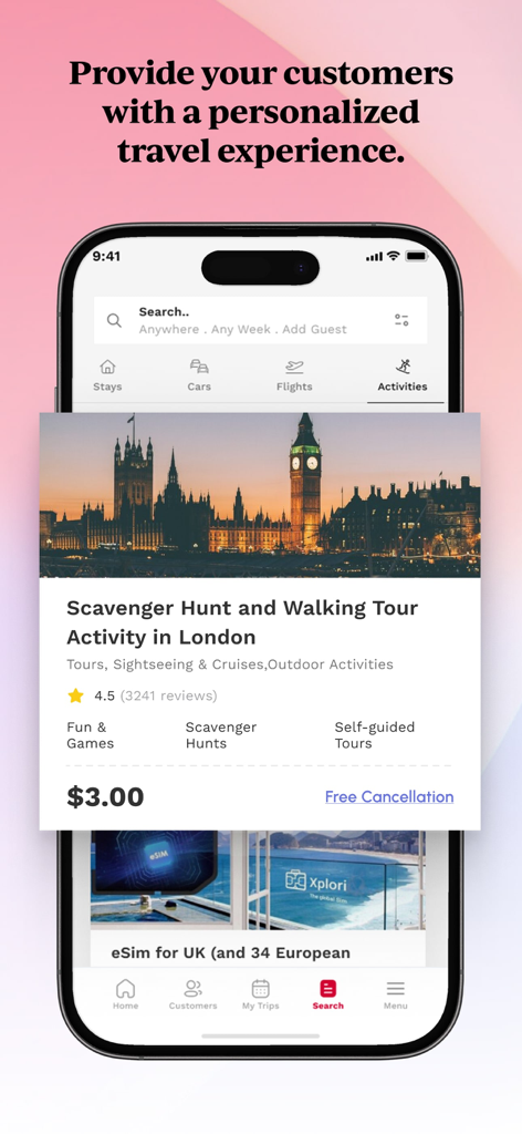 Bildschirm der IntelePro Mobile App mit einer Buchungsoberfläche für Reiseaktivitäten für eine Londoner Stadtführung