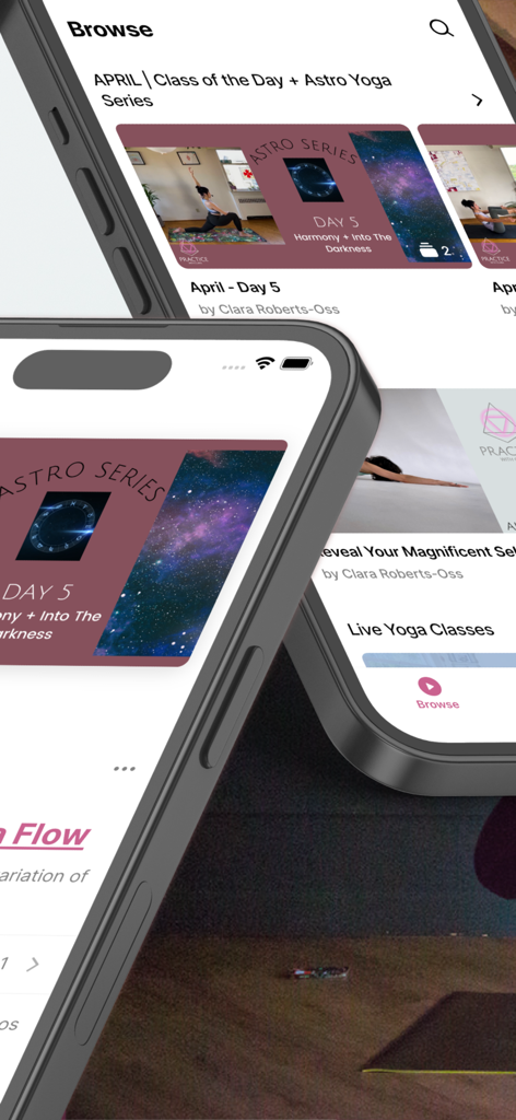 Practice with Clara - Multiple smartphone screens showing the Practice with Clara app interface with yoga classes and curated series