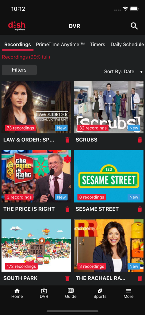 DISH Anywhere - La interfaz de la aplicación DISH Anywhere muestra una lista de grabaciones de DVR para varios programas de TV
