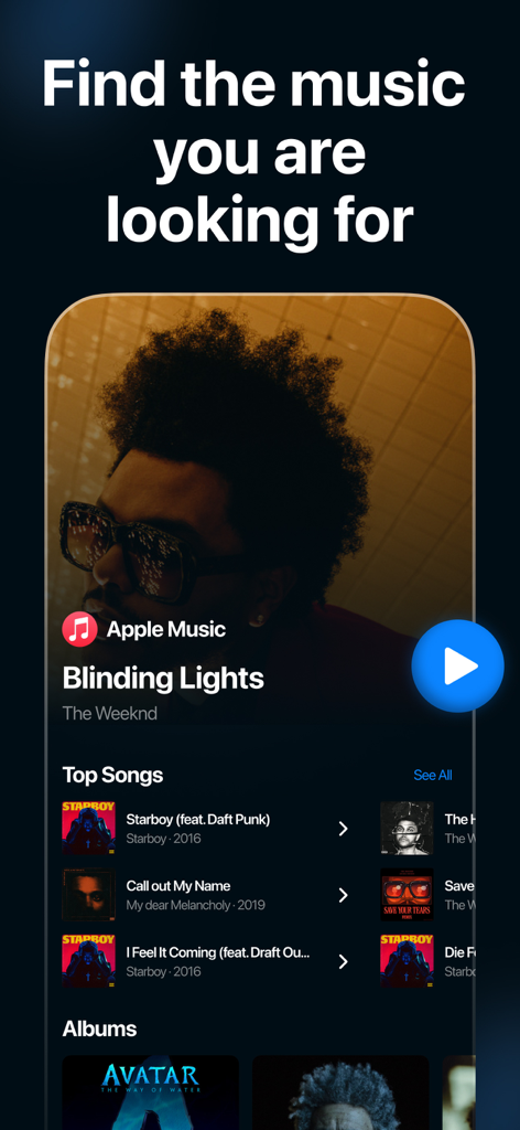 Interfaz de la aplicación Music Finder que muestra identificación y descubrimiento de canciones para The Weeknd