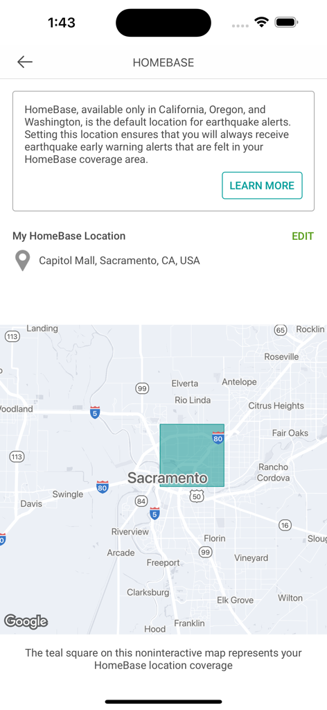MyShake Earthquake Alerts - Interface of the MyShake app showing the HomeBase location setting and a map of Sacramento for earthquake alerts.