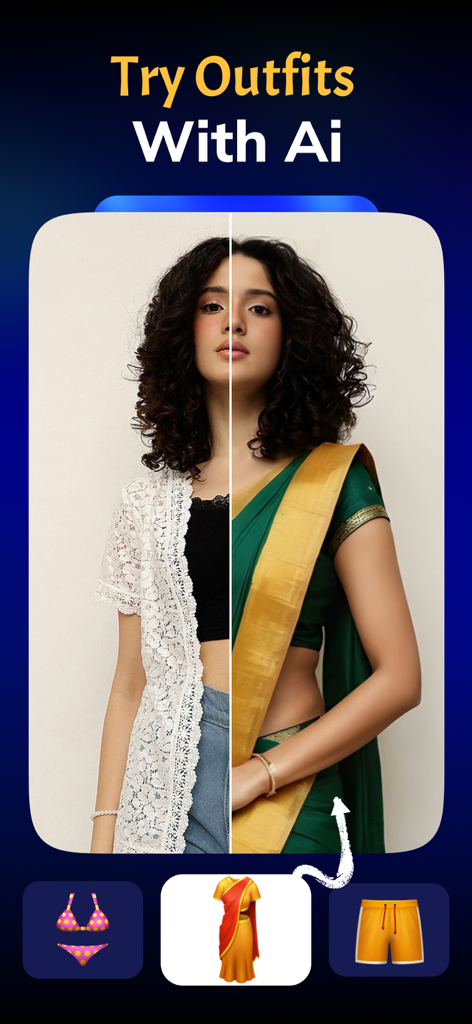 AI Video Creator - MagicVid.AI - A split screen interface showing a woman using MagicVid.AI to virtually try on a traditional saree over her clothes