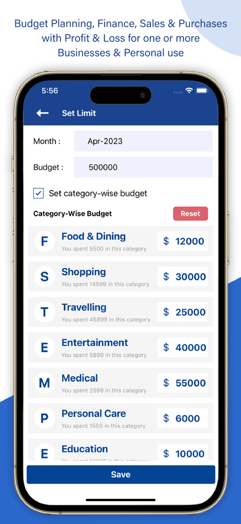Ledger Book Expense Manager - Interface do aplicativo Ledger Book para definir limites de orçamento mensais em diferentes categorias de gastos