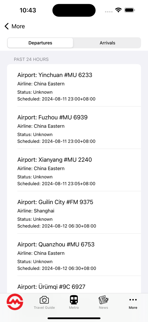 Mobile App-Oberfläche, die Abflugpläne für Flughäfen in Shanghai mit Fluggesellschaftsnamen und Status anzeigt