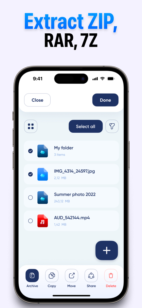 Zip Extractor & RAR Opener App - Interface do aplicativo Zip Extractor e RAR Opener para iPhone mostrando opções de extração e gerenciamento de arquivos