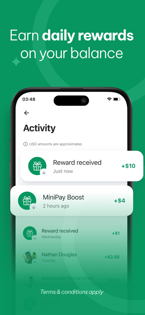MiniPay: Easy Global Wallet - Teléfono inteligente mostrando la pantalla de actividad de la aplicación MiniPay con recompensas diarias y historial de transacciones