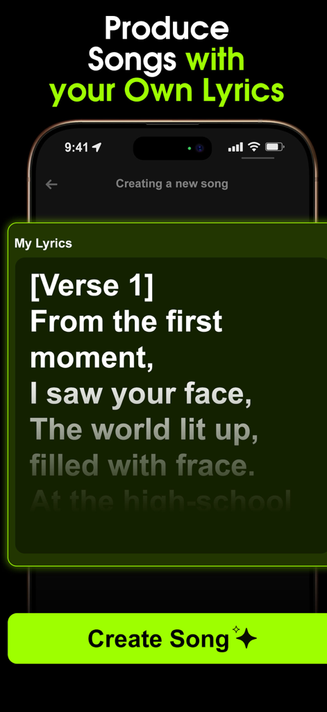A smartphone showing the Zuka app interface where users can enter their own lyrics to produce a custom AI song.
