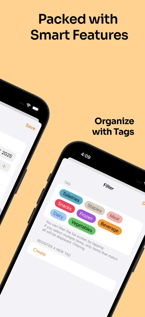 Captura de pantalla de la aplicación Temporizador de Comida mostrando su sistema de organización basado en etiquetas para categorizar comestibles y artículos del hogar.