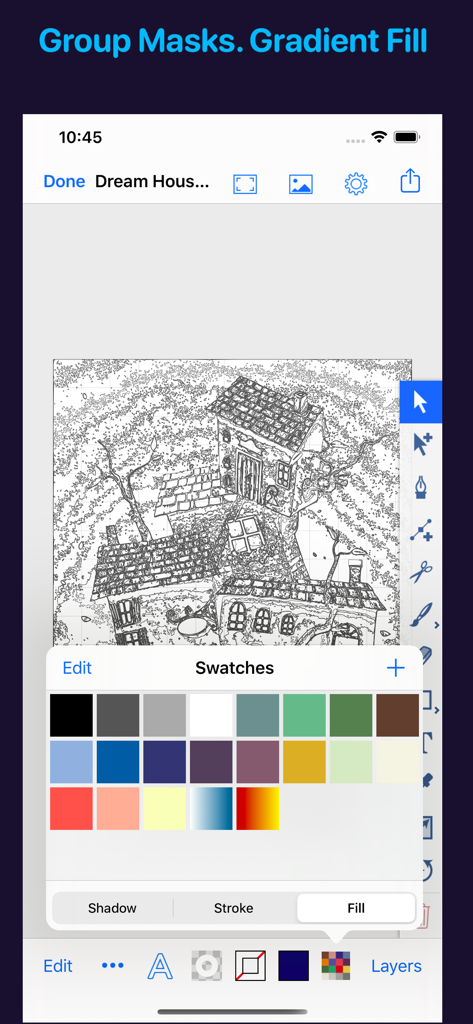 Artmator - Artmator Mobile App-Oberfläche, die eine Vektor-Linienzeichnung eines Hauses mit einer geöffneten Farbpaletten-Palette zeigt