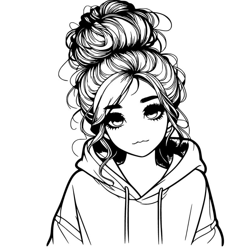 realistic girl with a massy bun and a hoodie