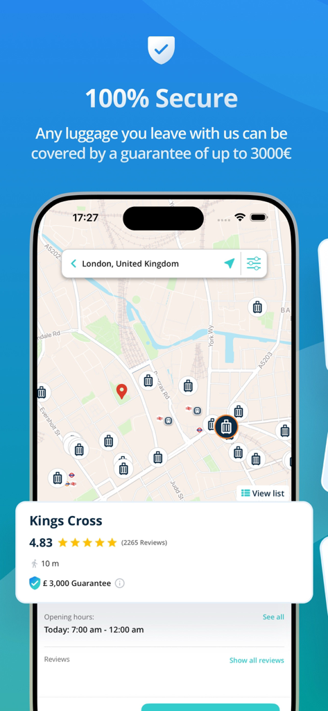 3000ユーロ保証付きのロンドンにある安全な預かり地点の地図を表示するRadical Luggage Storageアプリのインターフェース。