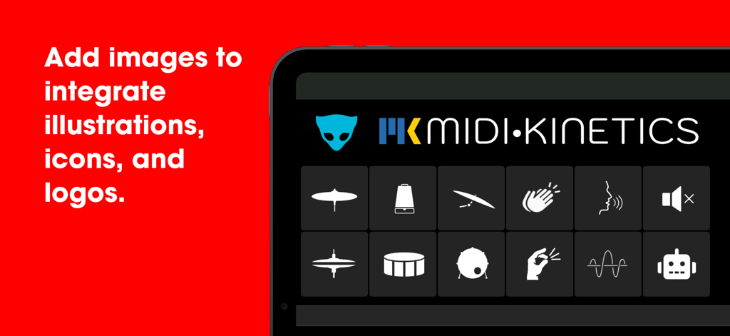 An iPad displaying the Lemur app interface with a grid of custom music production icons and the MIDI Kinetics logo.
