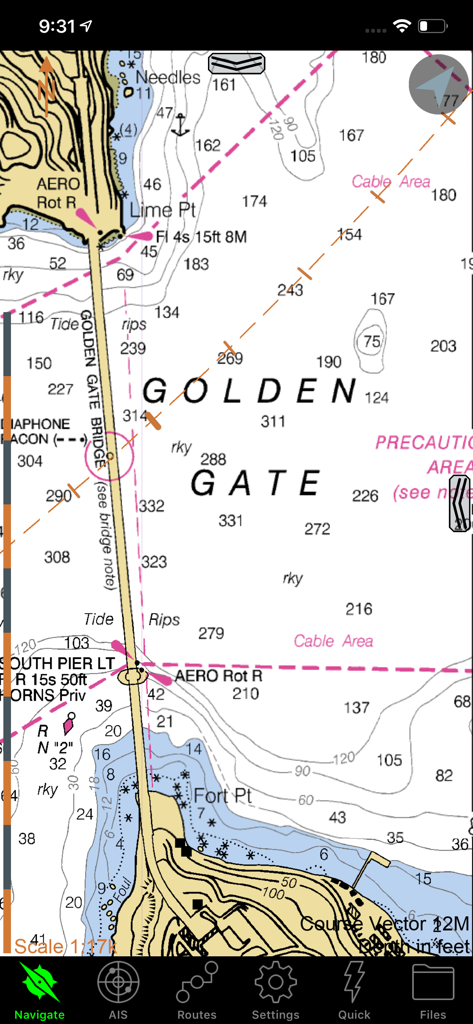 SEAiq Pilot - Professional maritime navigation chart of the Golden Gate Bridge area in the SEAiq Pilot app