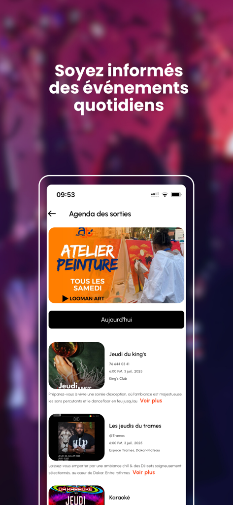 ATAYA : Activities, Matching - Mobile app interface showing a list of daily social activities and events like painting and karaoke.