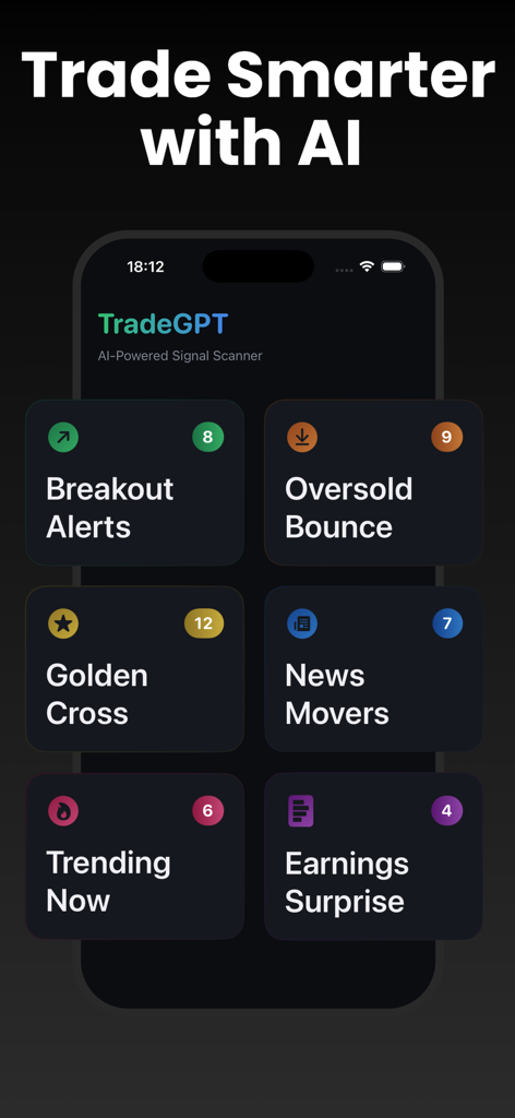 TradeGPT - TradeGPT mobile app interface showcasing six AI powered smart scanners for trading signals and market alerts