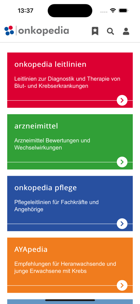 Onkopedia Leitlinienportal - Hauptmenü der Onkopedia-App mit medizinischen Leitlinien und onkologischen Ressourcen