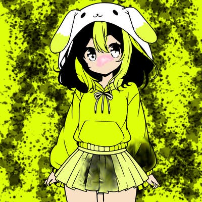 pretty anime girl wearing a fluffy hoodie with bunny ears on the hood and a skirt